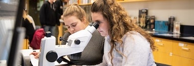 Student looking at something through microscope