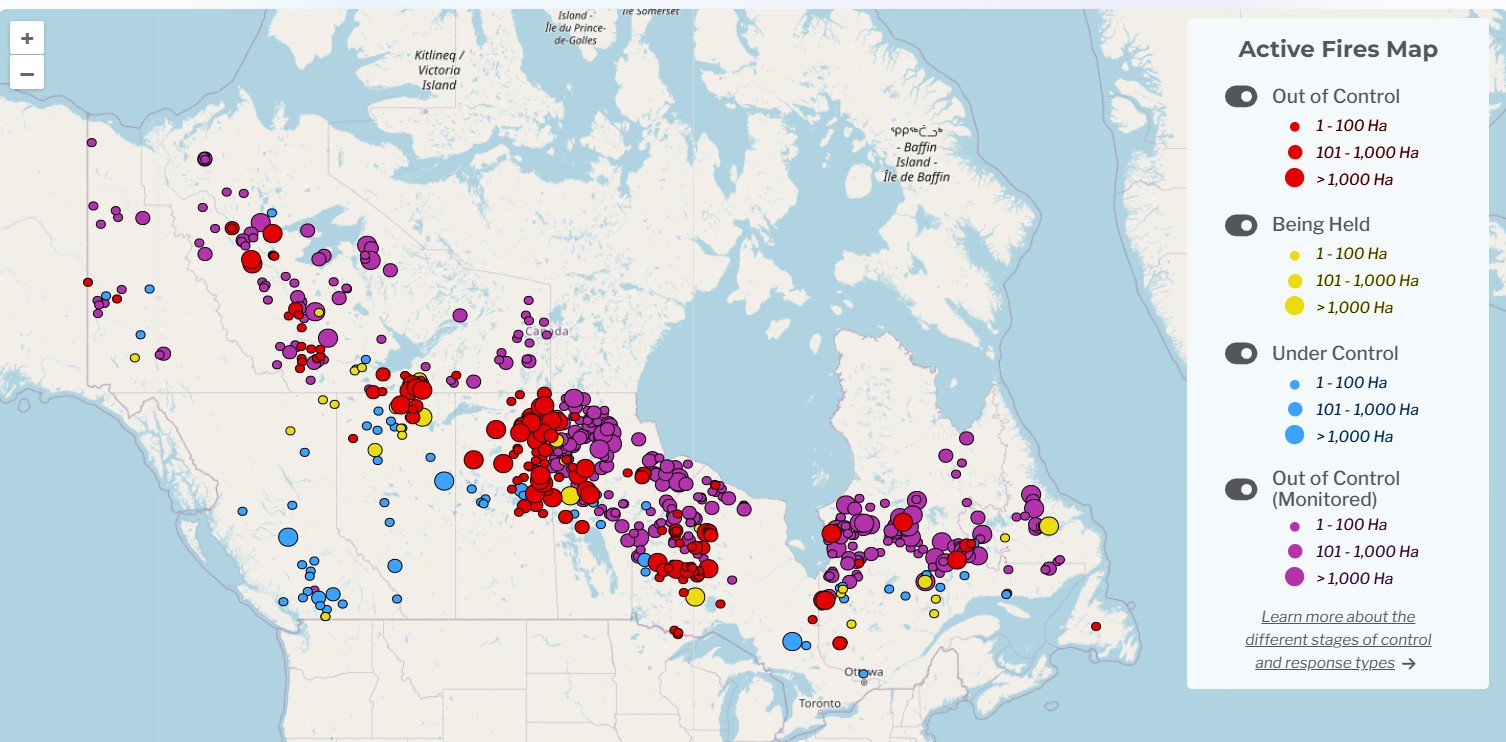 The location and status of wildfires in Canada, June 30, 2026