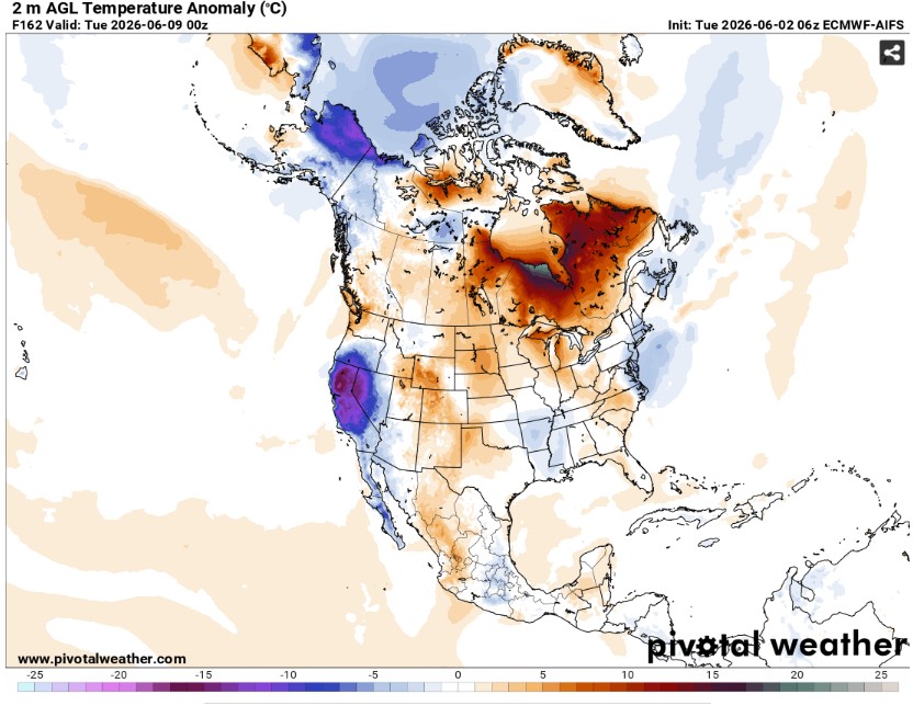 Temperature anomaly for Monday, June 8th, 2026.