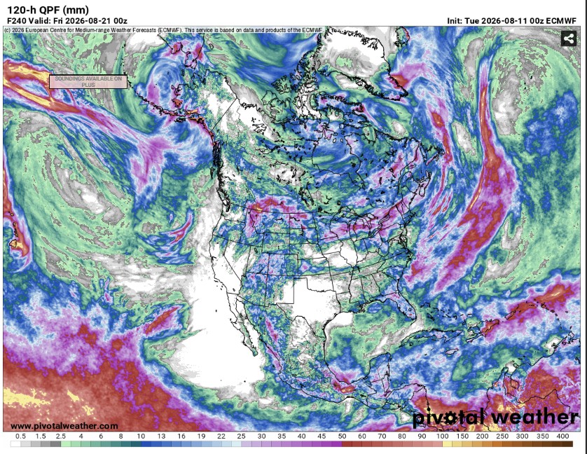 Figure 2. ECMWF 120-hour Quantitative Precipitation Forecast (QPF) August 20th, 2026.