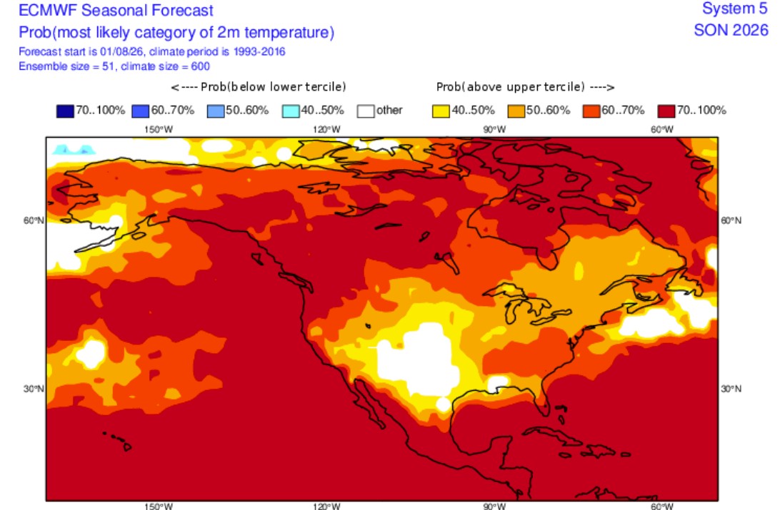 Figure 5. ECMWF temperature probability category for September – November 2026.