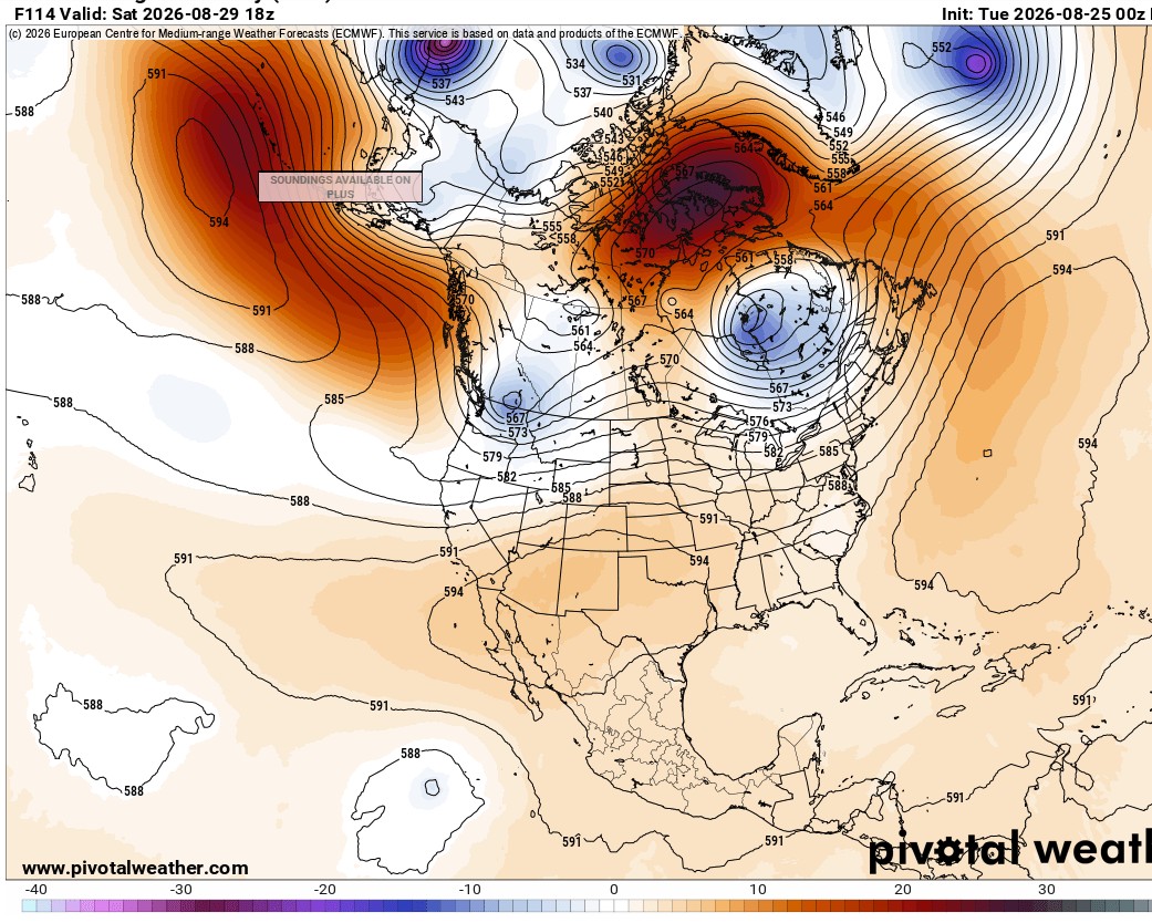 Figure 3. ECMWF 500mb heights and anomalies for August 29th, 2026.