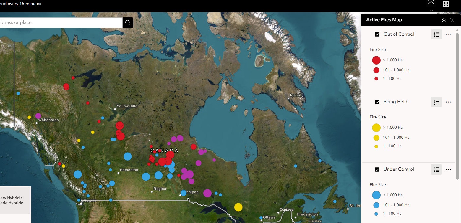 ocation and status of fires across Canada as of June 15th, 2026.
