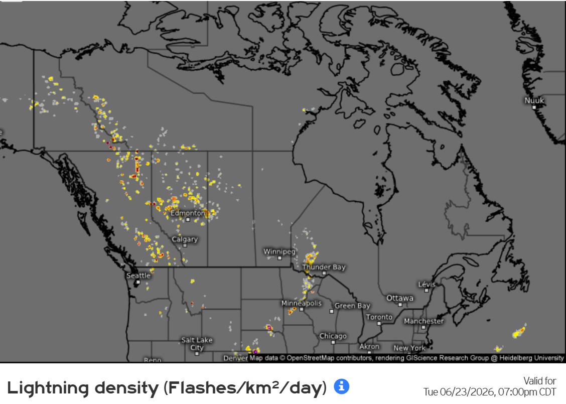 12-hour lightning density forecast for June 23rd, 2026.