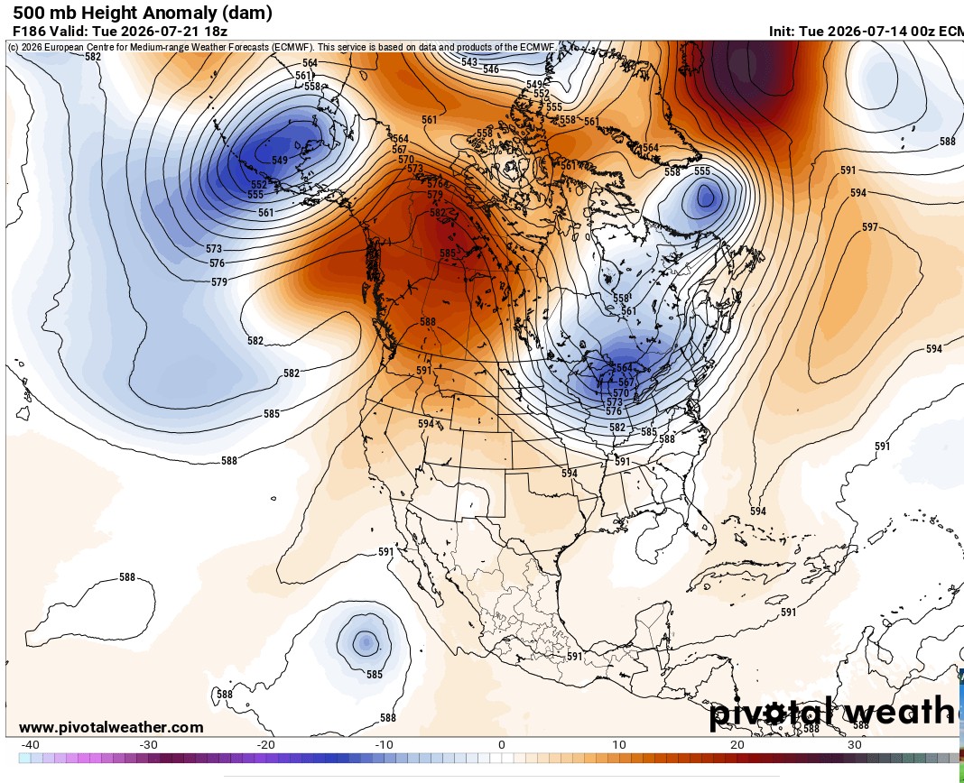 Figure 5 ECMWF 500 mb heights and anomalies, July 21, 2026.