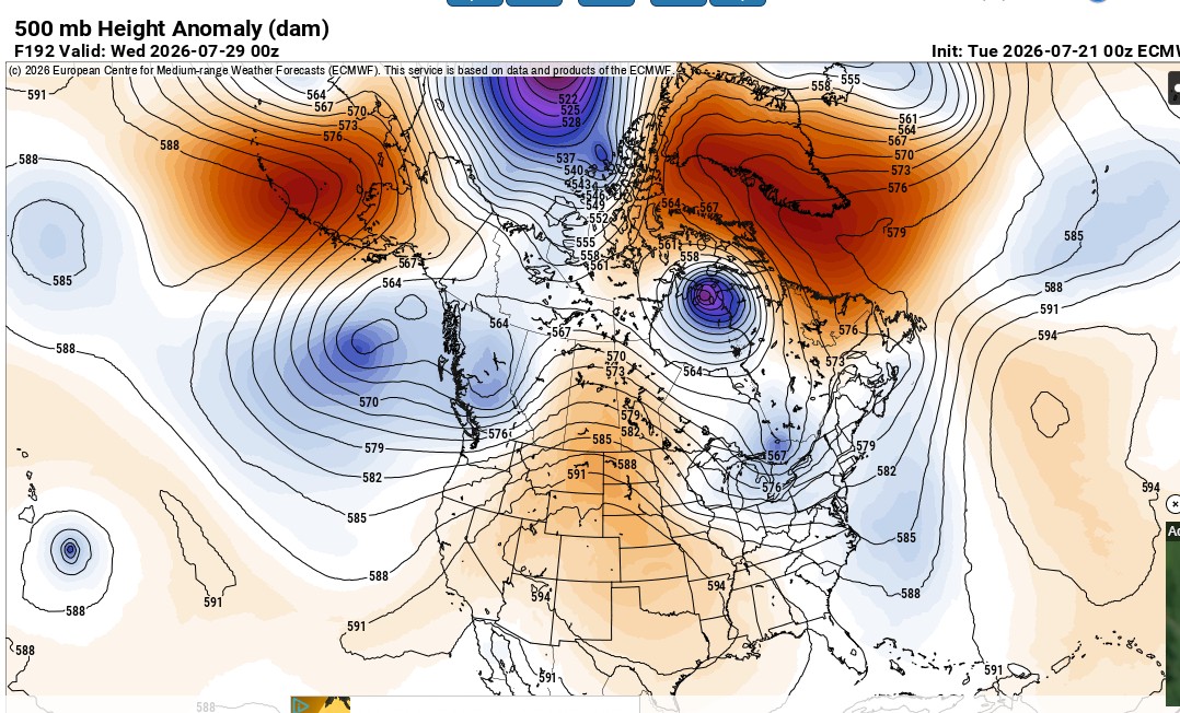 Figure 5. ECMWF 500 mb heights and anomalies, July 28th, 2026.