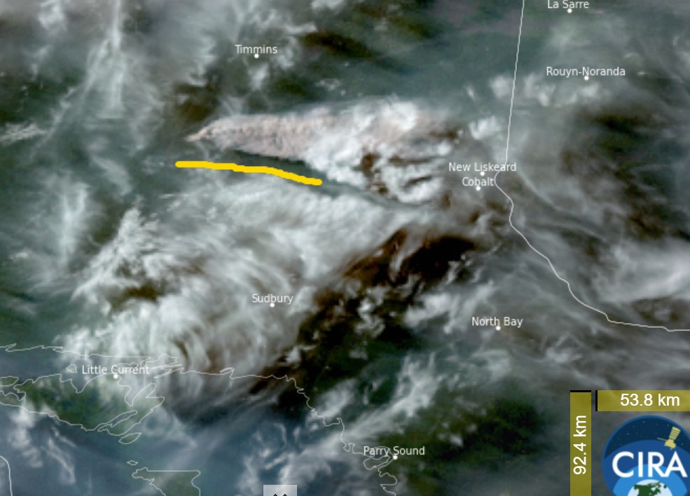 GOES East GeoColor imagery from June 3rd, 2026, showing a large smoke plume from a fire south of Timmins, Ontario.