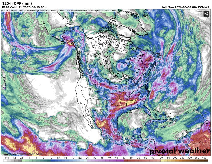 Precipitation amounts forecast for June 13th-18th, 2026.