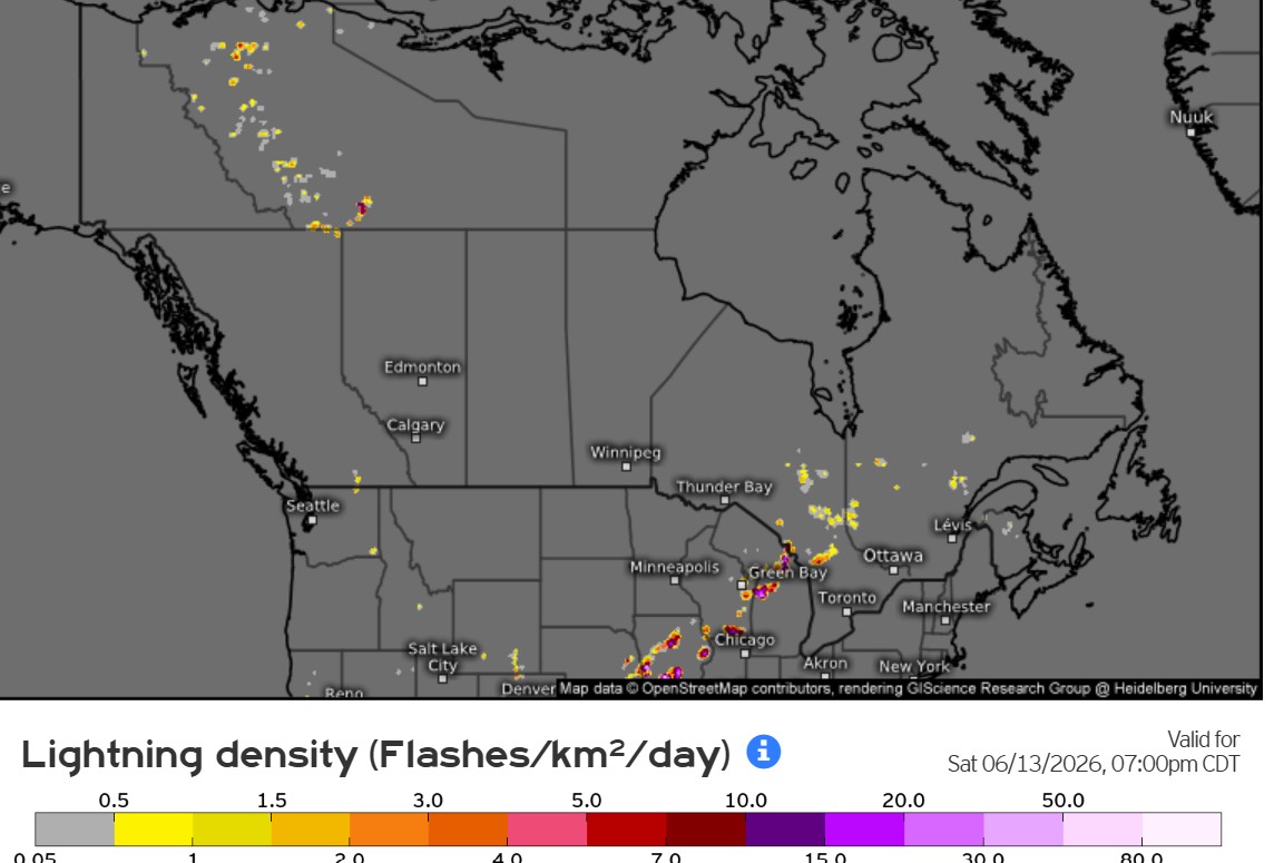 12-hour lightning density forecast for June 13th, 2026.