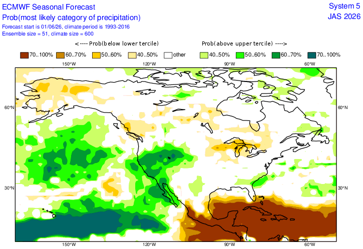 ECMWF Seasonal precipitation forecast for July – September.