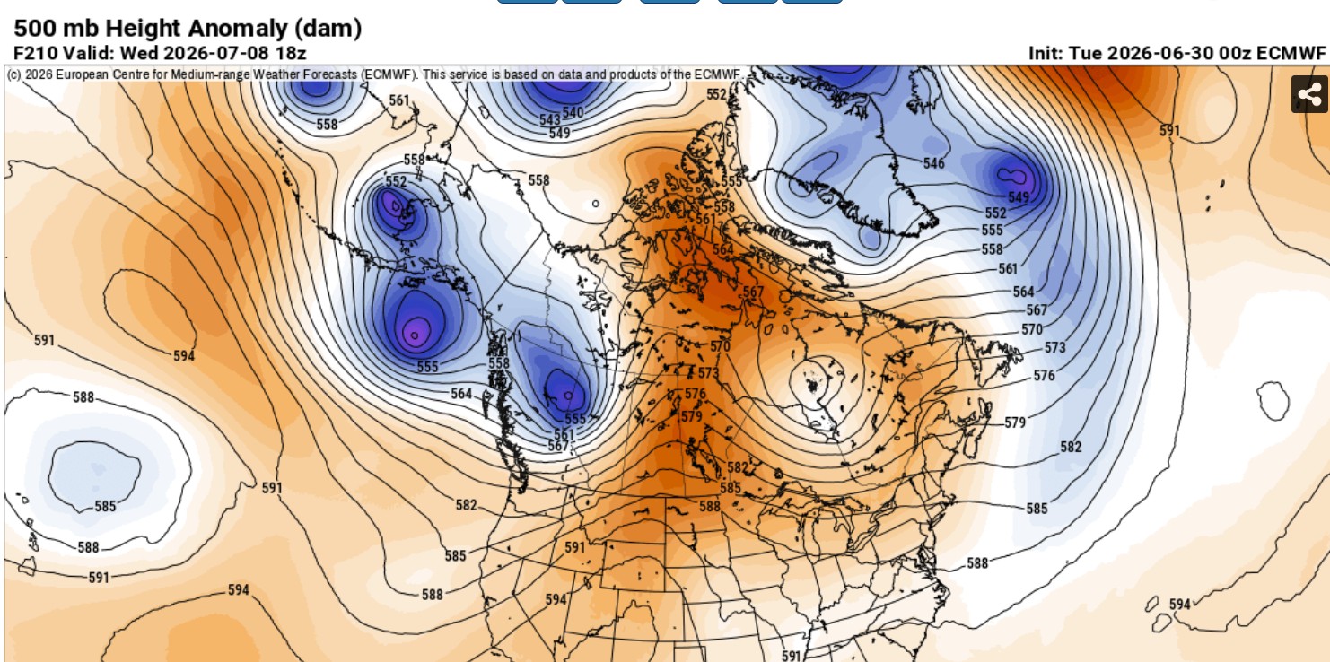 ECMWF 500 mb heights and anomalies for July 8, 2026.