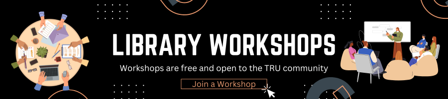 Banner advertising library workshops with illustrations of collaborative work and group learning. Click on banner to register for a workshop.