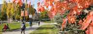 Student walking on campus during fall