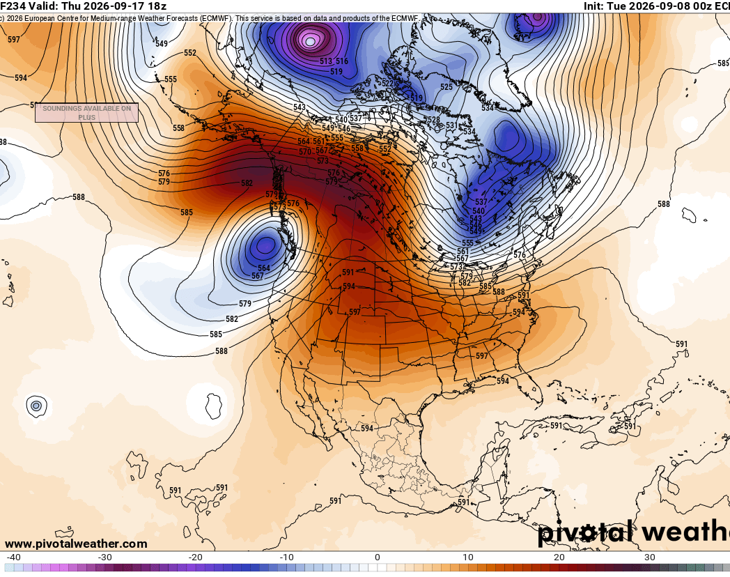 Figure 2. ECMWF 500mb height and anomaly for Thursday Sept 17, 2026.