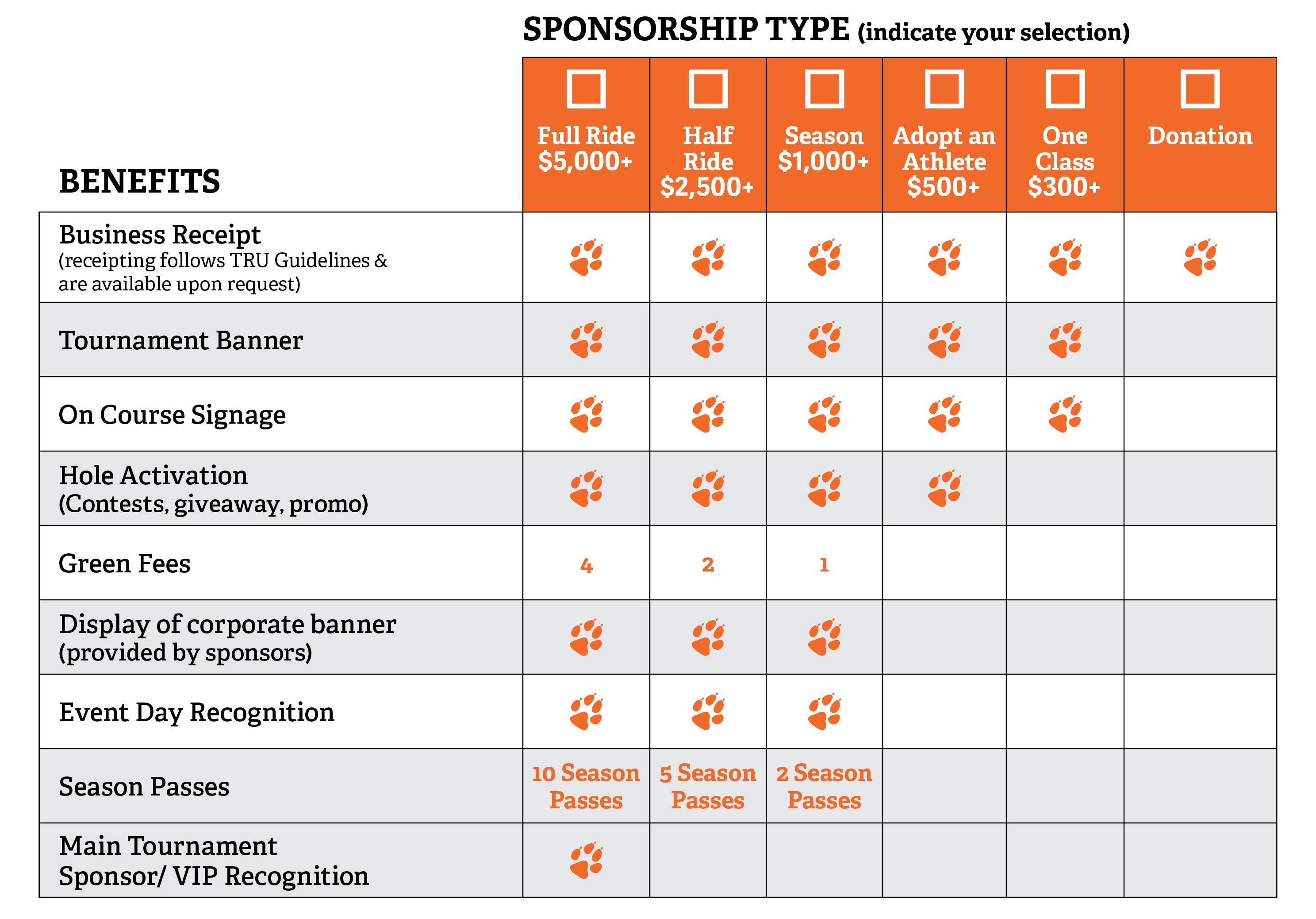 Sponsorship Level Golf Matrix